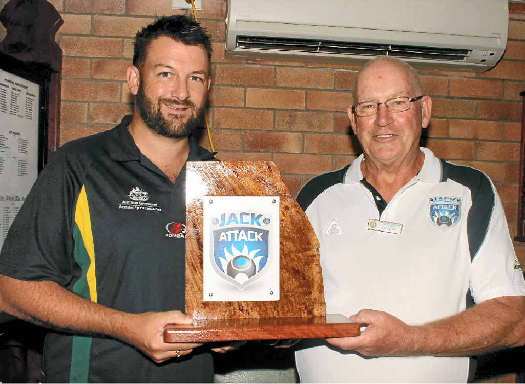 Australian bowls representative Mark Casey and Warwick East Bowls Club member Graeme Carson launch Jack Attack in Warwick on Wednesday, February 11.